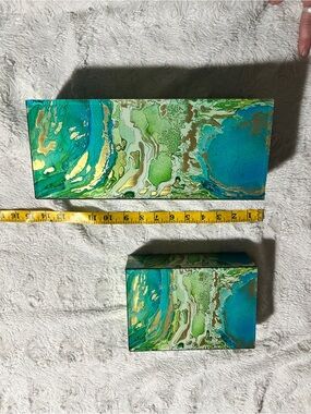 Pier 1 Set of 2 Green & Blue Abstract Glass Decor Boxes New